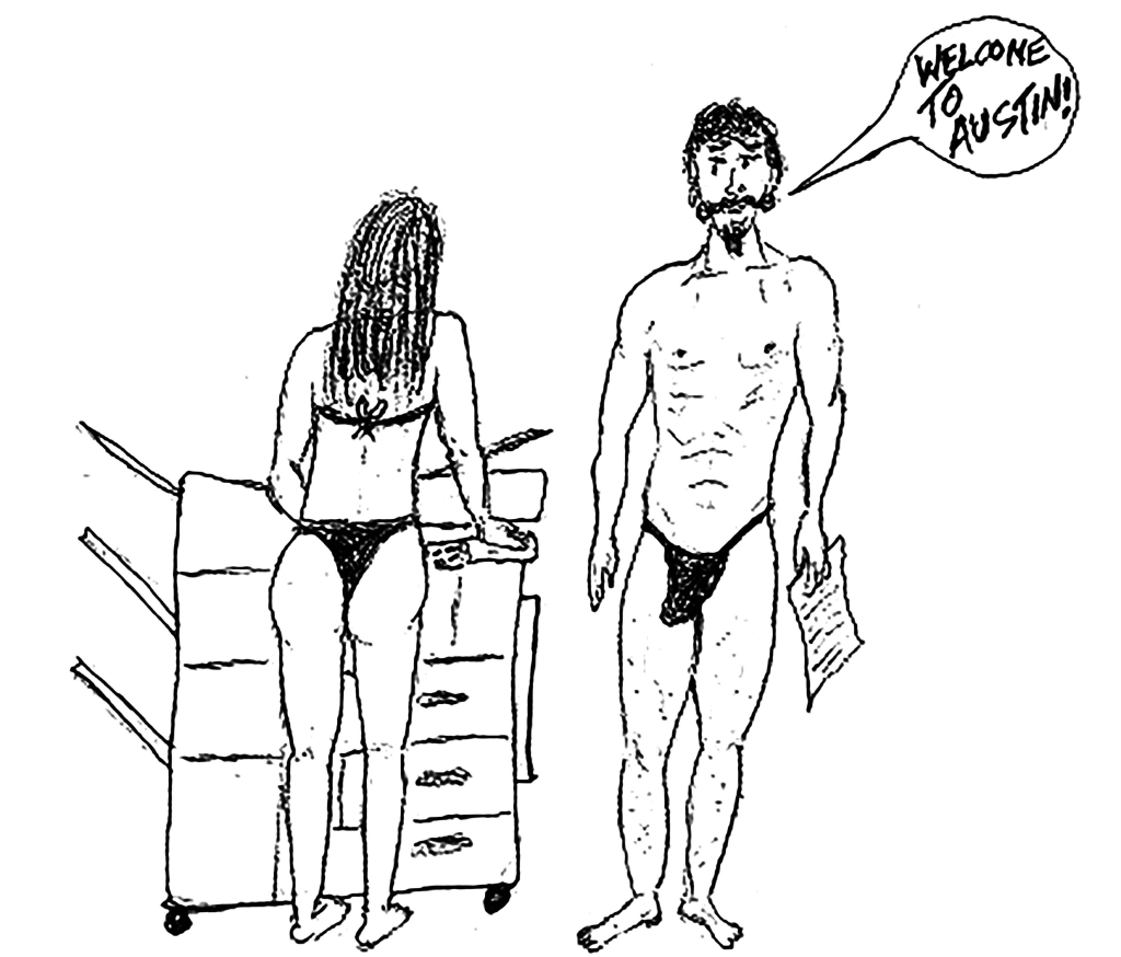 Man and woman making copies while wearing swimsuits